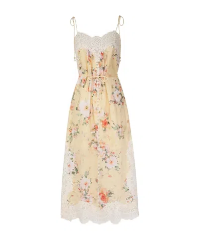 Zimmermann Everley Belted Lace-trimmed Floral-print Linen Midi Dress In Multi