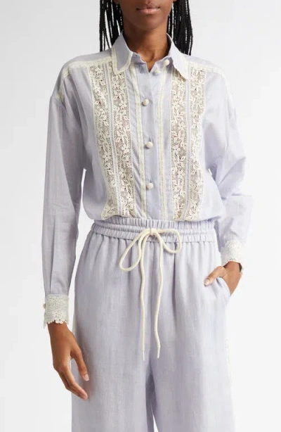 Zimmermann Everley Lace Trim Cotton Button-up Shirt In Dusty Blue