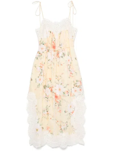 Zimmermann Everley Belted Lace-trimmed Floral-print Linen Midi Dress In Multi