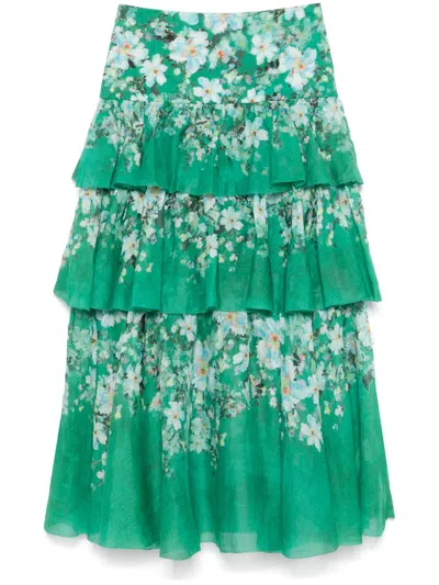 Zimmermann Everley Tiered Floral Print Midi Skirt In Green