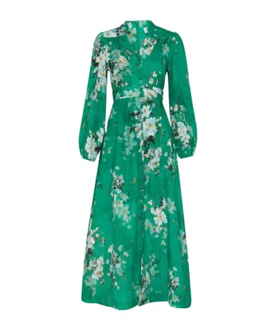 Zimmermann Everley Plunge Midi Dress In Green Watercolor Flowers