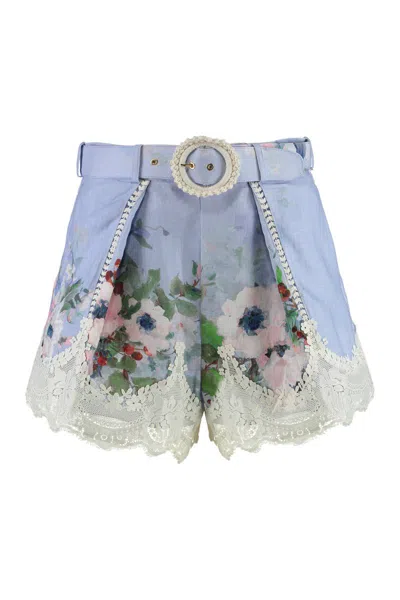 Zimmermann Everley Floral Printed Belted Shorts In Blue
