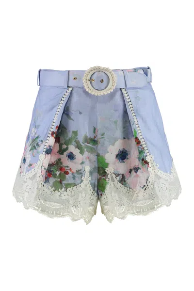 Zimmermann Everley Floral Printed Belted Shorts In Blue