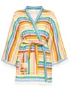 Zimmermann Everley Belted Fringed Striped Cotton-voile Robe In Blau