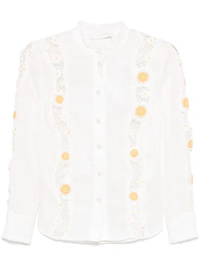Zimmermann Everley Floral Lace Trim Button-up Shirt In Beige