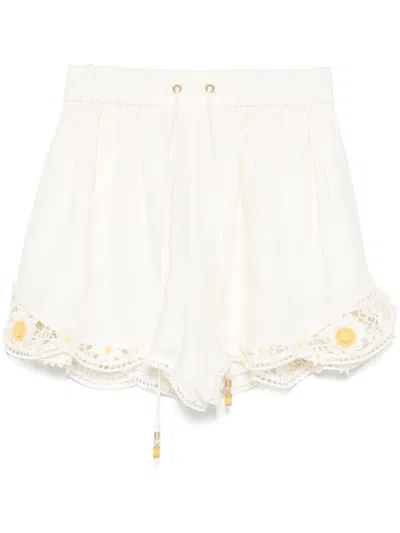 Zimmermann Everley Floral Lace Trim Linen Shorts In Ivory