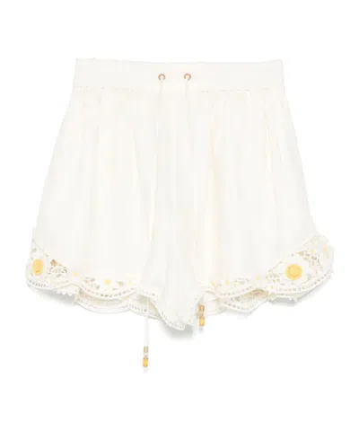 Zimmermann Everley Floral Lace Trim Linen Shorts In Ivory