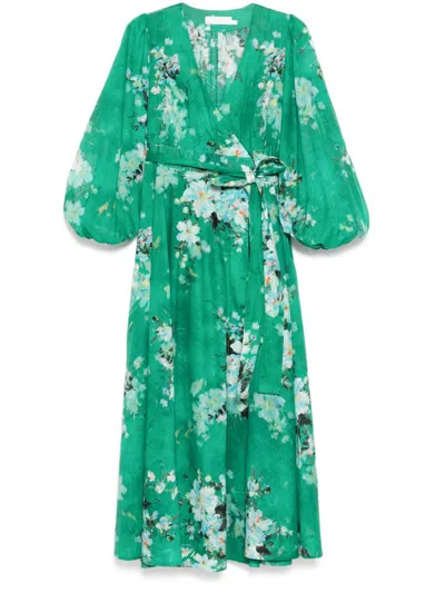 Zimmermann Everley Floral-print Cotton-voile Midi Wrap Dress In Green