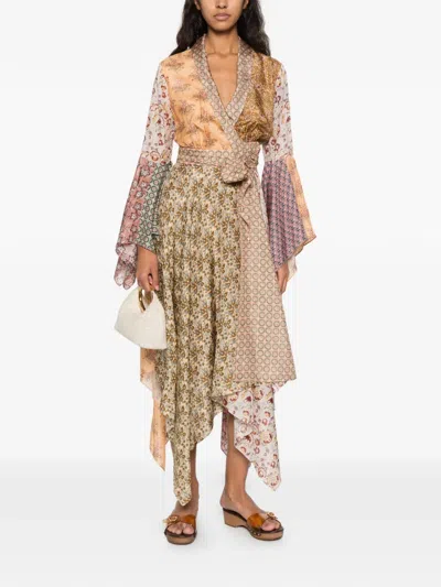 Zimmermann Fairlight Patchwork Handkerchief-hem Midi Dress In Neutrals