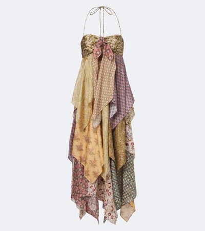 Zimmermann Fairlight Patchwork Silk Midi Dress In Gold