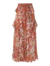 Zimmermann Awaken Belted Ruffled Floral-print Cotton And Silk-blend Crepe De Chine Maxi Skirt In Brown