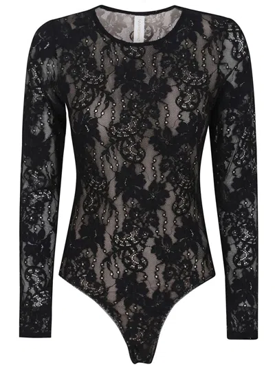 ZIMMERMANN FITTED BLACK LACE BODYSUIT WITH FLORAL DESIGN AND INSET JELLY RIBBON