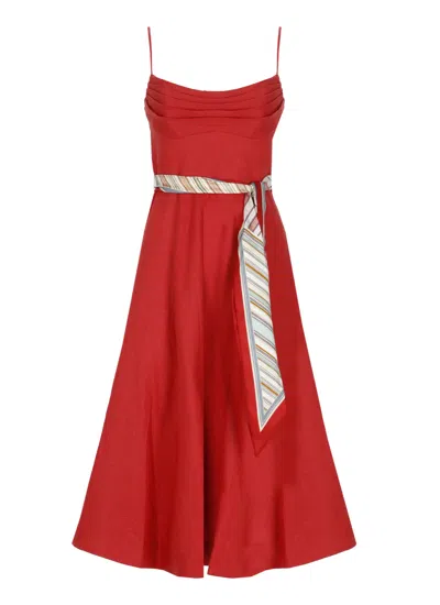 Zimmermann Fitted Midi Linen Dress With Striped Foulard Belt In Red