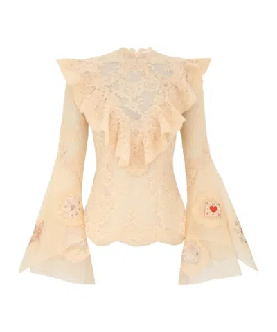 Zimmermann Flared Sleeve Ruffled Lace Shirt In Orange