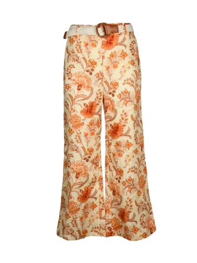 Zimmermann Flared Trousers With Intricate Floral Pattern And Woven Belt In Multi