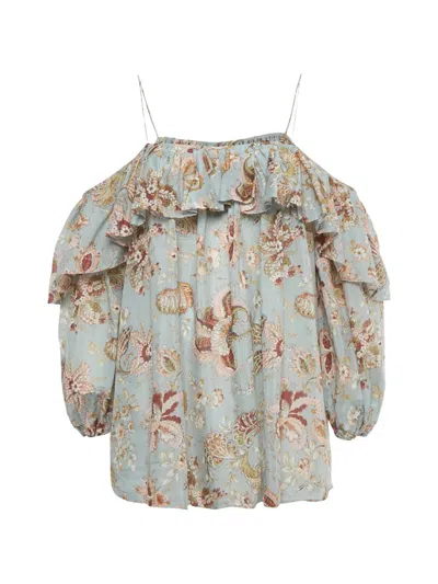 Pre-owned Zimmermann Flora-print Ruffle-detail Top In Blue