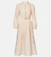 Zimmermann Red Floral Linen Midi Dress With Ruffled Sleeves In Neutrals