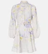 Zimmermann 'crush' Multicolor Crewneck Mini Dress With Long Puffed Sleeves In White