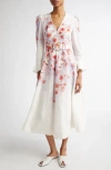 Zimmermann Flower Printed Crush Midi Dress In Linen In Scarlet Floral