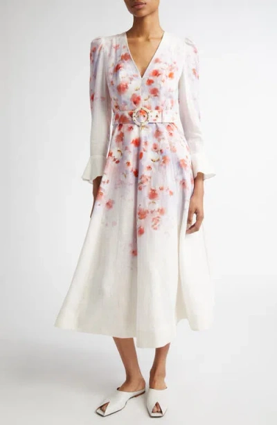 ZIMMERMANN ZIMMERMANN FLORAL BELTED LINEN MIDI DRESS