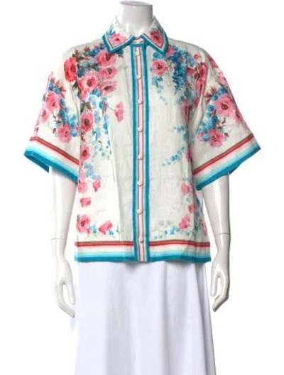 Pre-owned Zimmermann Floral Button-up Linen Blouse In Blue/pink/white