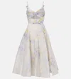 Zimmermann Crush Belted Twist-front Embellished Floral-print Linen And Silk-blend Organza Midi Dress In White
