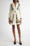 Zimmermann Floral Embroidered Belted Long Sleeve Linen Shirtdress In Cream Floral