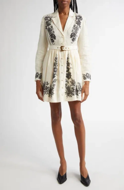 Zimmermann Floral Embroidered Belted Long Sleeve Linen Shirtdress In Cream Floral