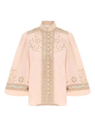 Zimmermann Floral-embroidered Button Shirt In Pink