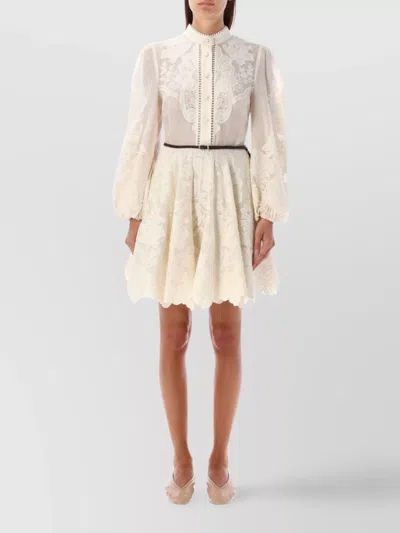Zimmermann Mini Beige Dress With Embroidery And Contrasting Belt
