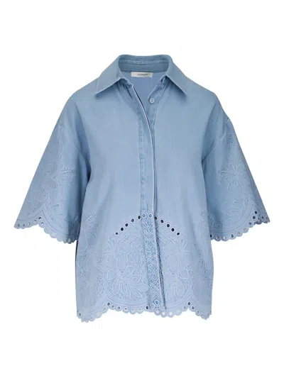 Zimmermann Floral-embroidered Scalloped Cotton Blouse In Blue