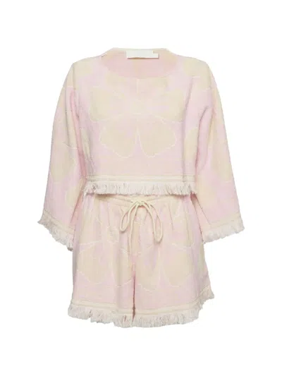 Pre-owned Zimmermann Floral Fringe-trim Top And Short Set In Pink