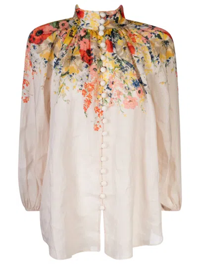 Zimmermann Floral High Neck Blouse In Ivory Floral