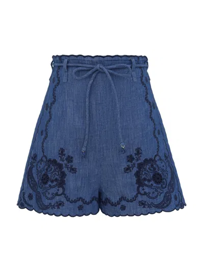 Zimmermann Floral High-waisted Mini Shorts With Self-tie Belt In Blu