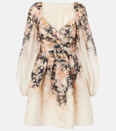 Zimmermann Pleated Floral-print Linen And Silk-blend Mini Dress In Neutral