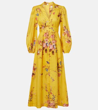 Zimmermann Floral Linen Midi Dress In Gold