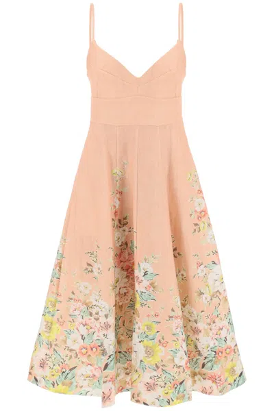 Zimmermann Floral Linen Midi Dress With Adjustable Straps And Pockets For Women In Pink