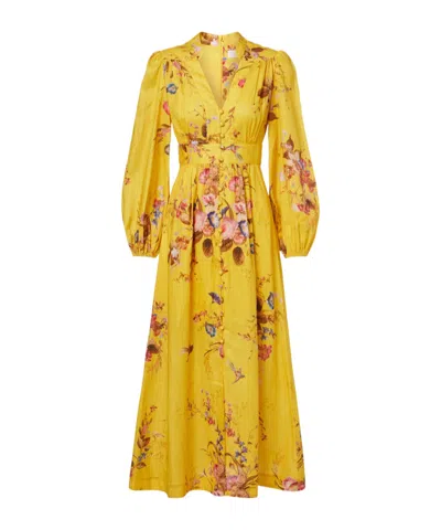 Zimmermann Floral Linen Midi Dress In Yellow