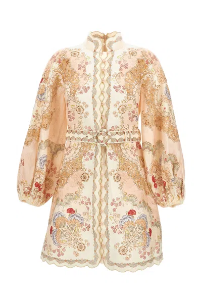 Zimmermann Floral Linen Mini Dress With Stand Collar In Brown