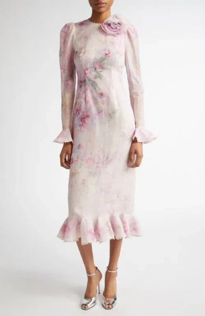 Zimmermann Floral Long Sleeve Organza Midi Dress In Pink