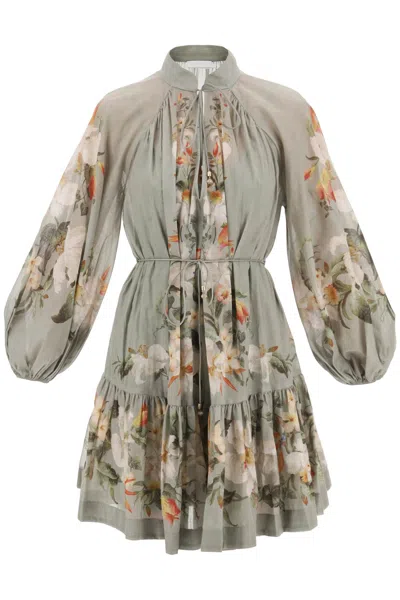 ZIMMERMANN FLORAL MINI DRESS WITH BILLOW SLEEVES AND SELF-TIE BELT