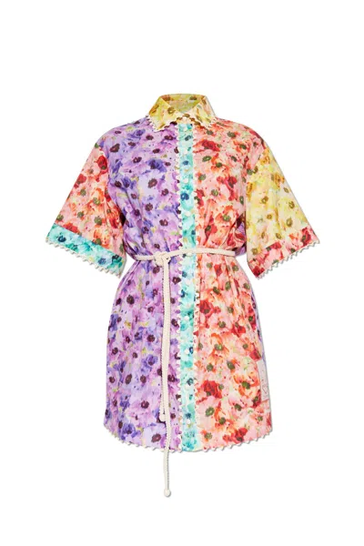 Zimmermann Lightburst Belted Crochet-trimmed Floral-print Cotton Mini Shirt Dress In Multi