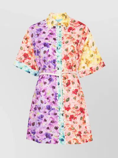 Zimmermann Lightburst Belted Crochet-trimmed Floral-print Cotton Mini Shirt Dress In Multi