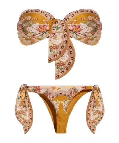 Zimmermann Wylie Scarf Tie Floral Print Bikini In Beige