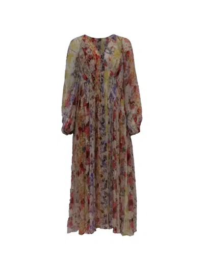 Pre-owned Zimmermann Floral Pleated Midi Dress In Neutral