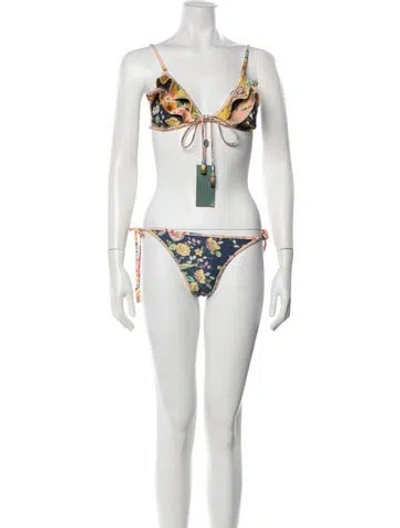 Pre-owned Zimmermann Floral Print Beaded Accents Bikini W/ Tags In Blue