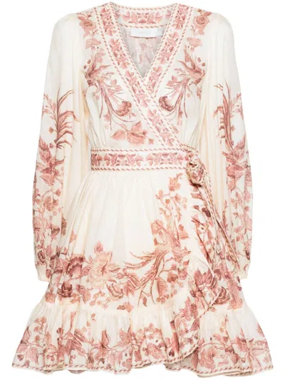 Zimmermann Floral Print Wrap Mini Dress In Nude & Neutrals