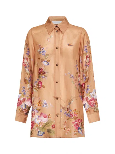 Zimmermann Womens Tan Floral Patience Relaxed Silk Shirt In Orange