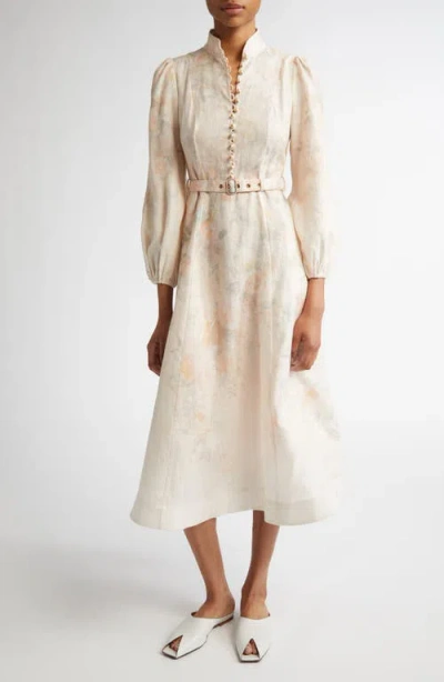 Zimmermann Floral Print Belted Linen Midi Dress