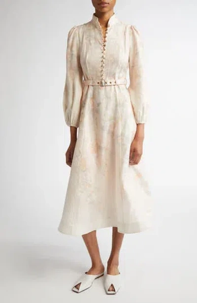 Zimmermann Floral Print Belted Linen Midi Dress In Ciara Floral